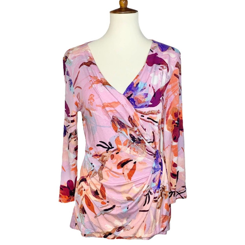 L Calvin Klein 3/4th Sleeve Stretchy Jersey Wrap Surplice V Neck Blouse Top